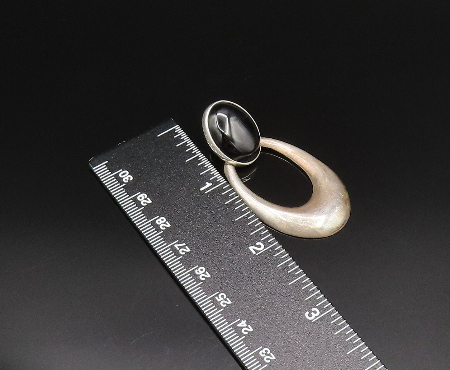 925 Sterling Silver Vintage Cabochon Black Onyx Open U Dangle Earrings EG12130