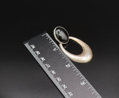 925 Sterling Silver Vintage Cabochon Black Onyx Open U Dangle Earrings EG12130