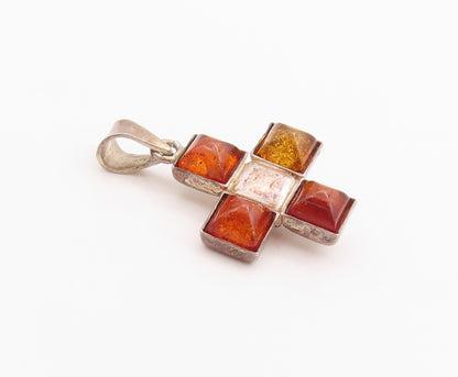 925 Sterling Silver Vintage Pendant Honey Amber Cross Medallion Charm  PT24833