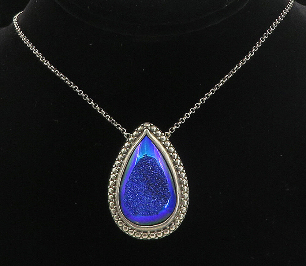 BERIA 925 Silver  Vintage Pear Shape Blue Druzy Stone Chain Necklace  NE1384