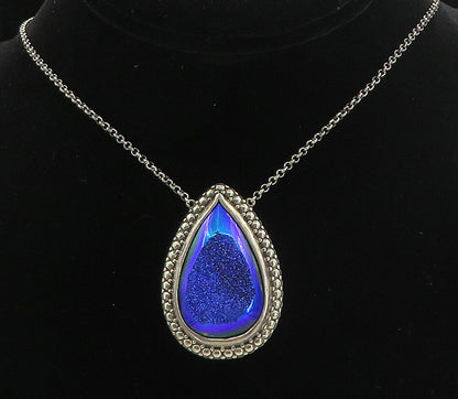 BERIA 925 Silver  Vintage Pear Shape Blue Druzy Stone Chain Necklace  NE1384