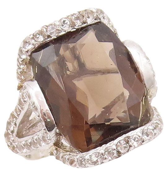 925 Sterling Silver Vintage Ring Designer Smoky Quartz & Topaz  Sz 7.5  RG29710