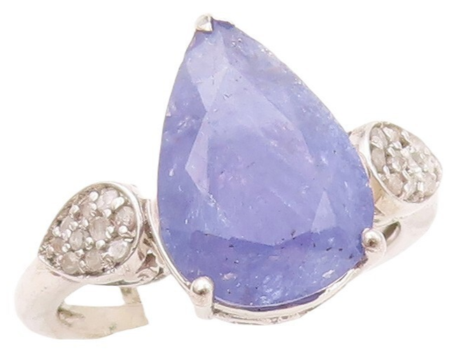 925 Sterling Silver Vintage Ring Diamonds Inlay Drop Cut Tanzanite Sz 8  RG30209