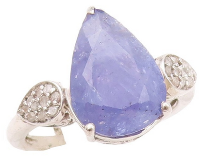 925 Sterling Silver Vintage Ring Diamonds Inlay Drop Cut Tanzanite Sz 8  RG30209