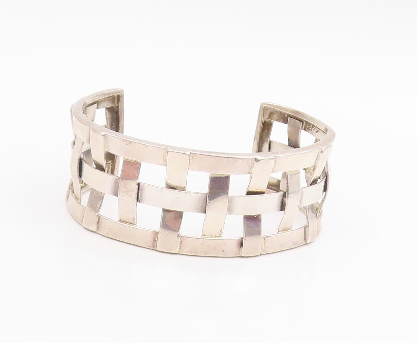 925 Sterling Silver Vintage Bracelet Modernist Basketweave Wide Cuff  BT11942