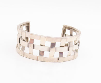925 Sterling Silver Vintage Bracelet Modernist Basketweave Wide Cuff  BT11942