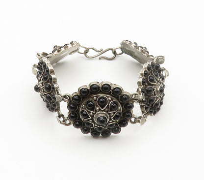 925 Sterling Silver  Vintage Black Onyx Floral Motif Chain Bracelet  BT5985
