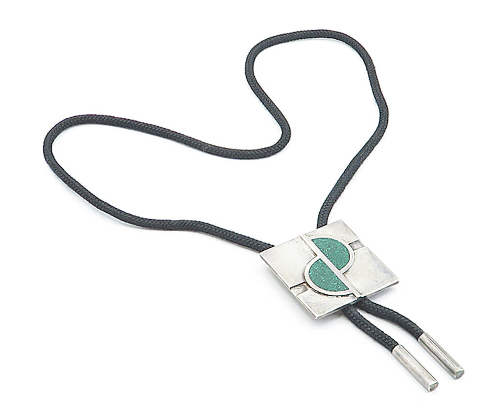 925 Sterling Silver  Vintage Inlaid Green Jasper Bolo Rope Necklace  NE1079