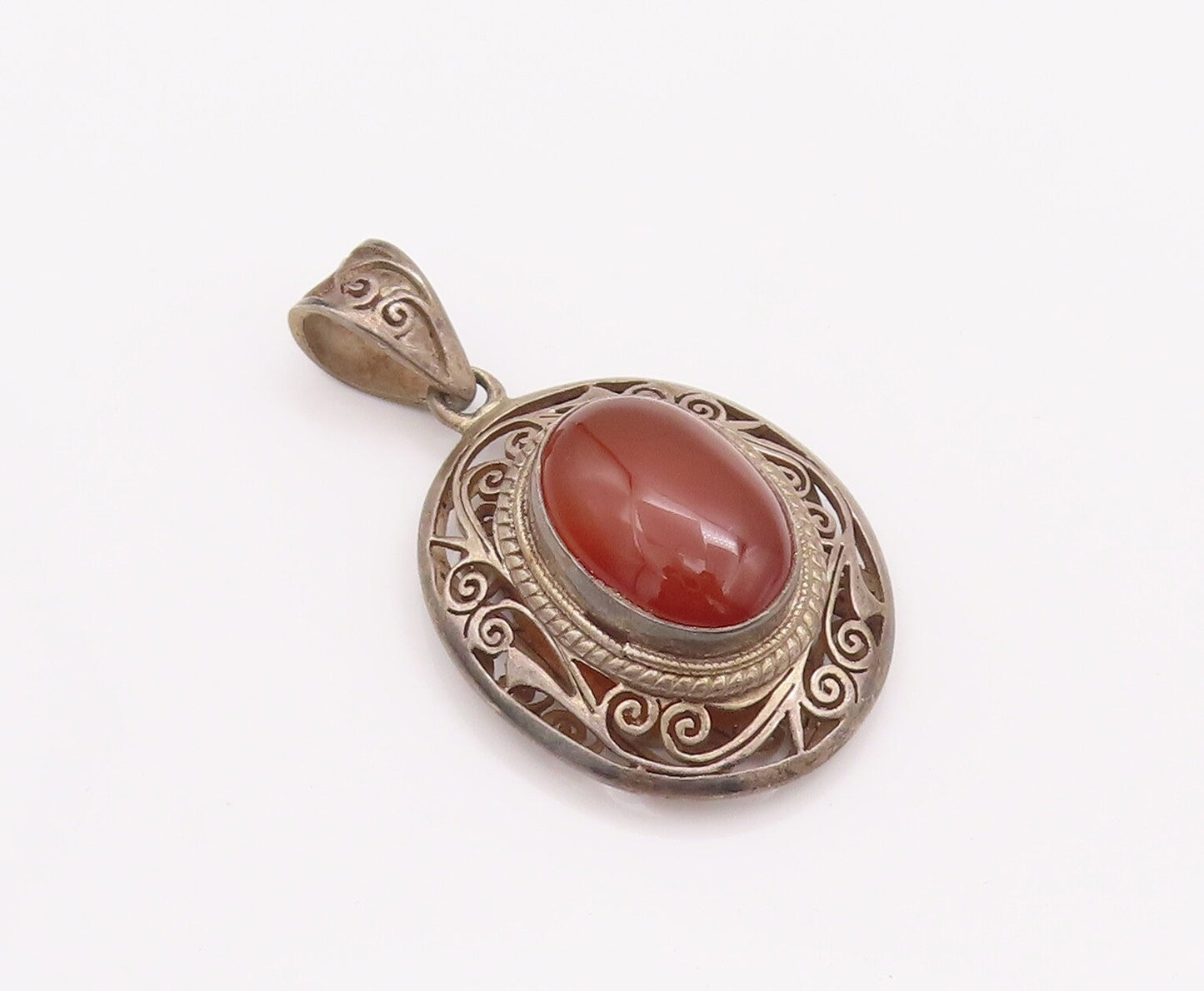 925 Sterling Silver Vintage Pendant Swirly Cutout Carved Cabochon Amber  PT22938