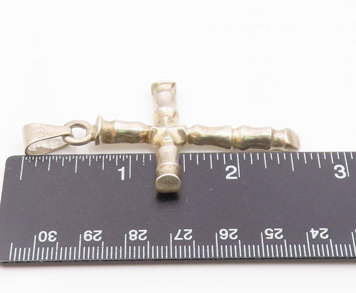 925 Sterling Silver  Vintage Shiny Bamboo Religious Cross Pendant  PT19291