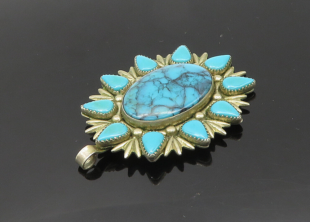 BELL 925 Sterling Silver  Vintage Turquoise Floral Motif Pendant  PT16778