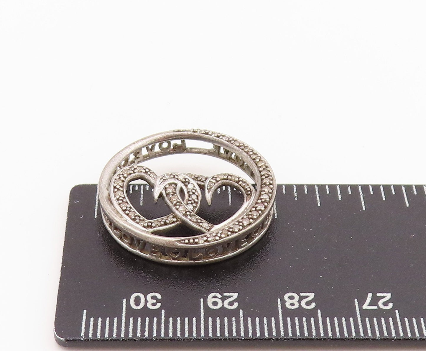 925 Sterling Silver Vintage Pendant Real Diamonds Inlay Cutout Hearts  PT24263