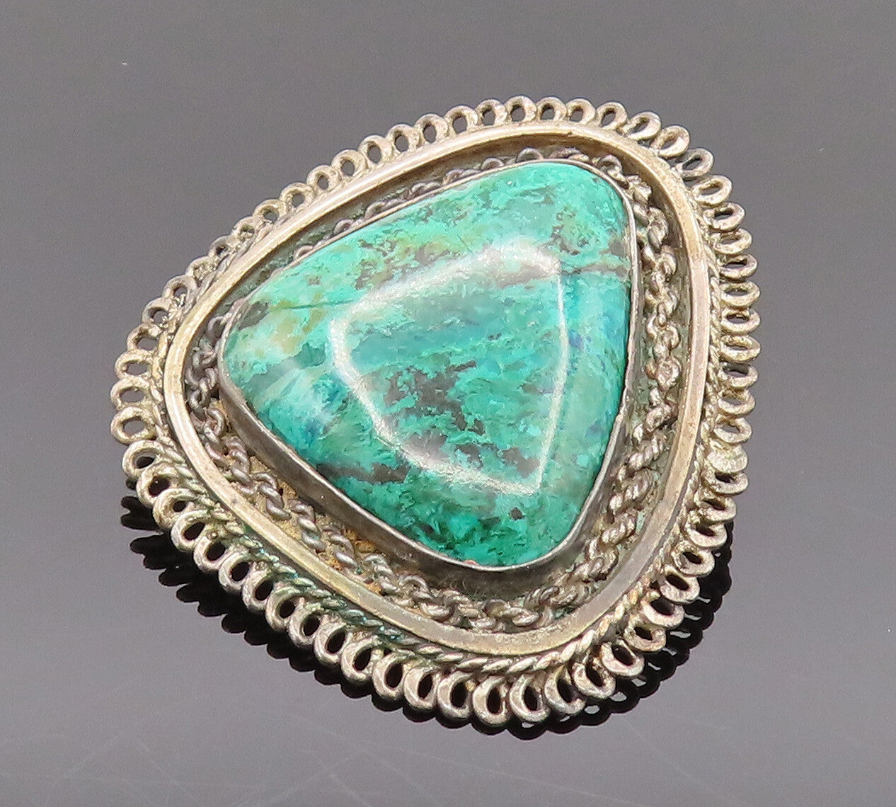 ISRAEL 925 Silver  Vintage Chained Border Chrysocolla Brooch Pin  BP10133