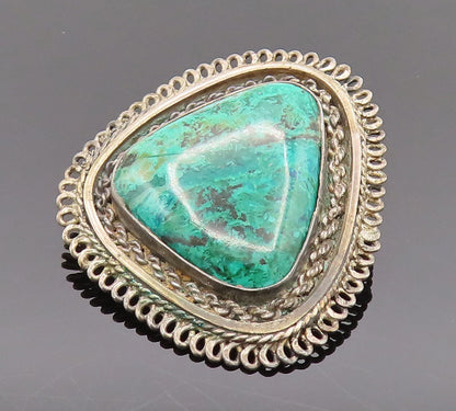 ISRAEL 925 Silver  Vintage Chained Border Chrysocolla Brooch Pin  BP10133