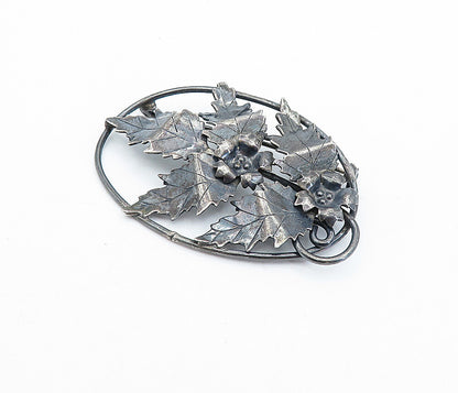925 Sterling Silver  Vintage Antique Oxidized Floral Leaves Brooch Pin  BP1128