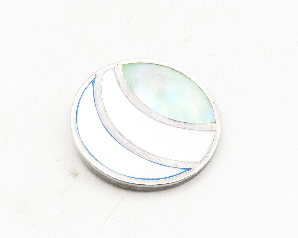 925 Sterling Silver  Vintage Inlaid Mother Of Pearl Round Pendant  PT7292