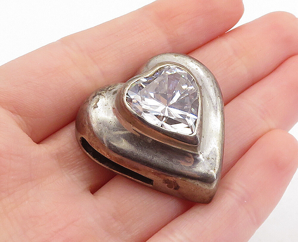 925 Sterling Silver  Vintage Cubic Zirconia Love Heart Dome Pendant  PT4862