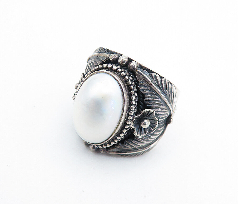 MERAV 925 Sterling Silver  Vintage Pearl Floral Cocktail Ring Sz 7  RG7684