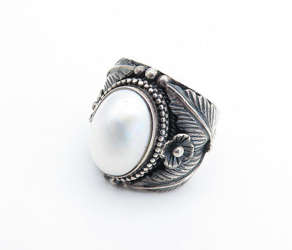 MERAV 925 Sterling Silver  Vintage Pearl Floral Cocktail Ring Sz 7  RG7684