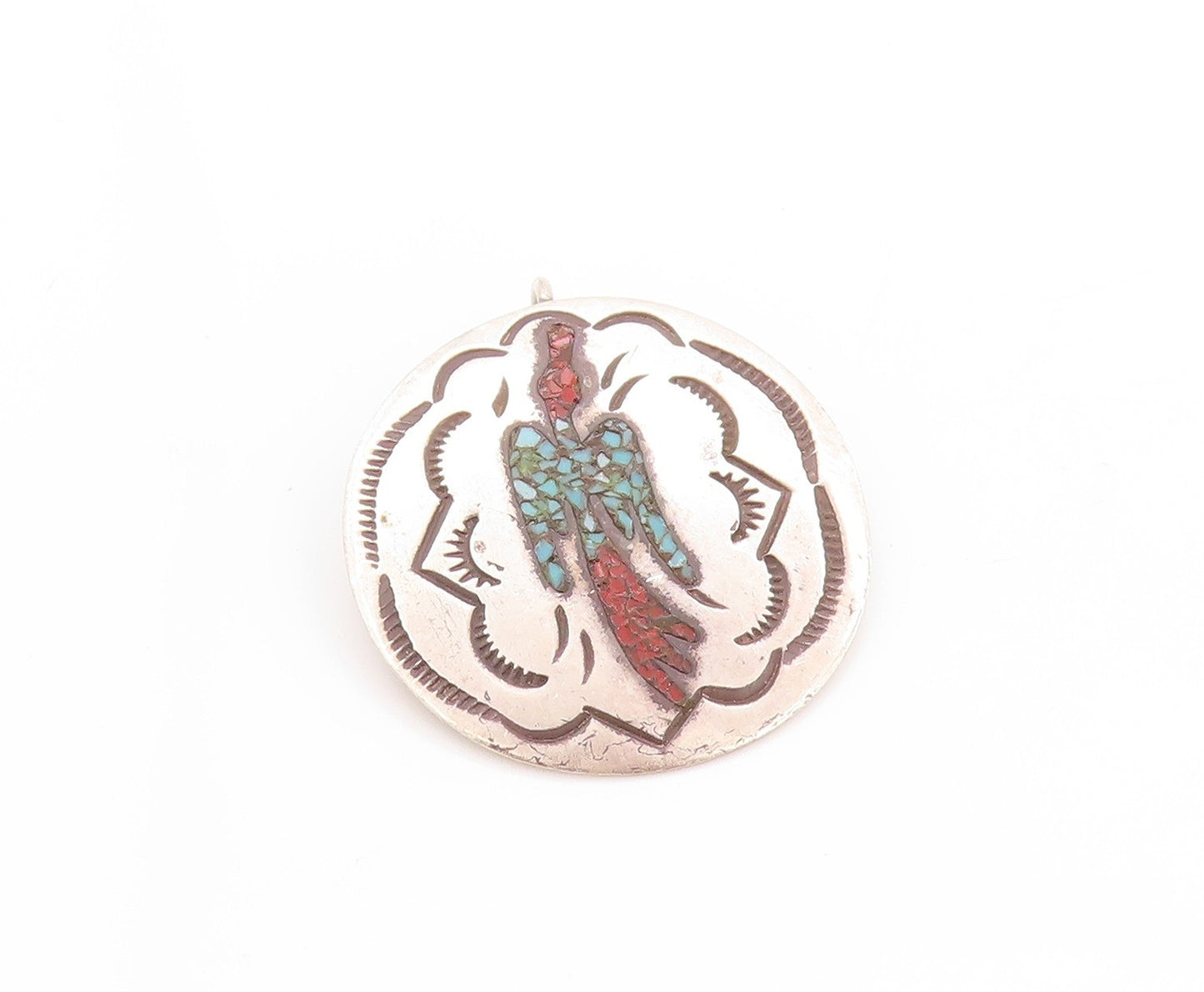 925 Sterling Silver Vintage Pendant NAVAJO ZUNI Crushed Turquoise Bird  PT24142