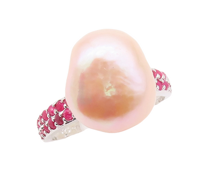 925 Sterling Silver Vintage Ring Amorphas Pearl Ruby Inlay Band  Sz 8  RG29914