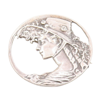 925 Sterling Silver Vintage Brooch Pin Art Nouveau Style Lady Portrait  BP12325