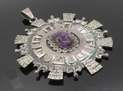 LOS BALLESTEROS 925 Silver Vintage Amethyst Carved Face Large Pendant PT6782