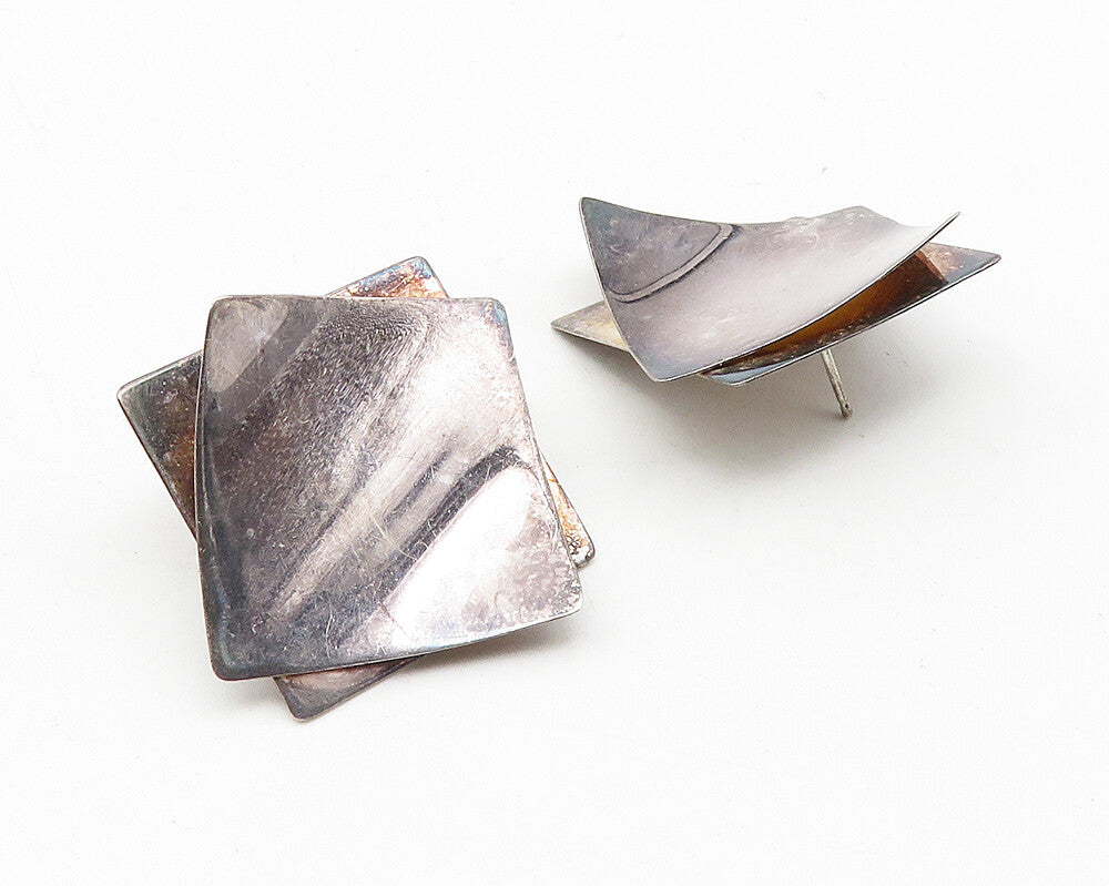 925 Sterling Silver  Vintage Modernist Oxidized Square Drop Earrings  EG5578
