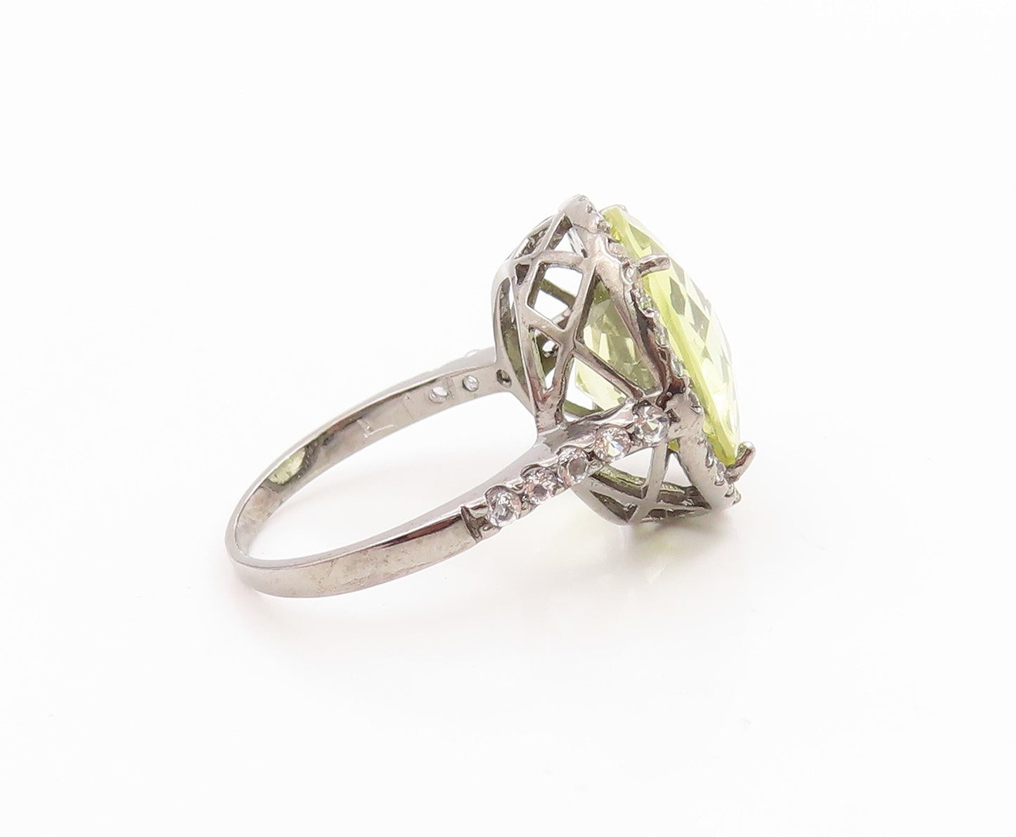 925 Sterling Silver Vintage Ring Faceted Quartz Halo CZ Band  Sz 7.5  RG35738