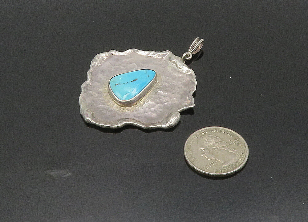 925 Sterling Silver  Vintage Turquoise Shiny Sculpted Pendant  PT16256