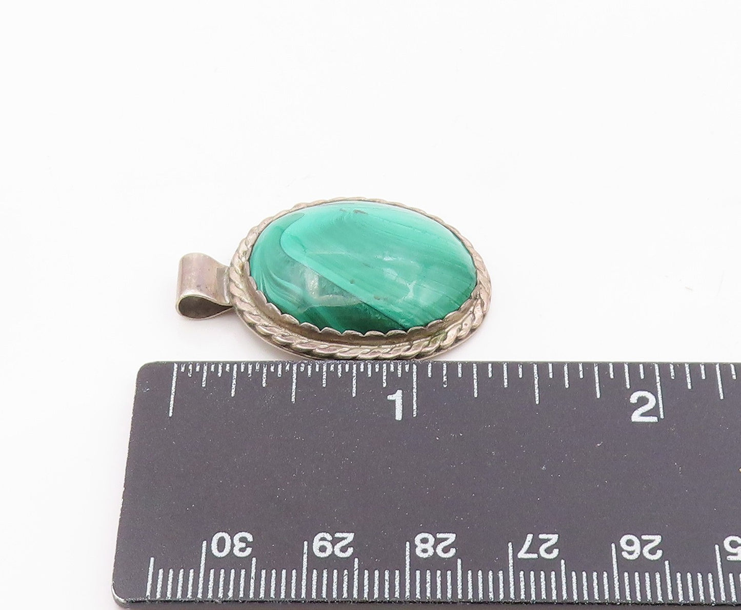 NAVAJO 925 Sterling Silver   Vintage Cabochon Cut Malachite Pendant  PT13809