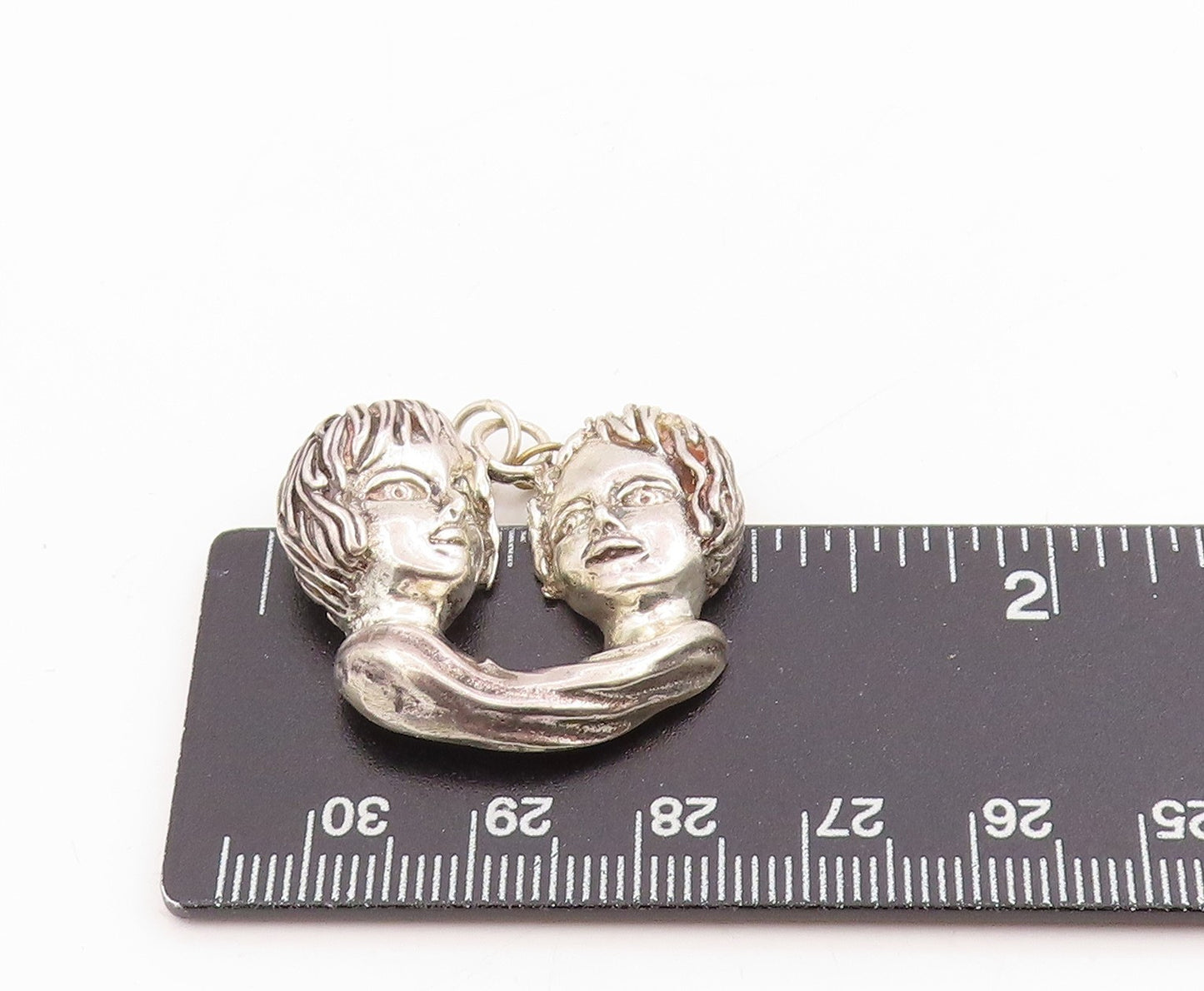 925 Sterling Silver Vintage Pendant Modernist Sculpted Twin Heads Charm  PT25347