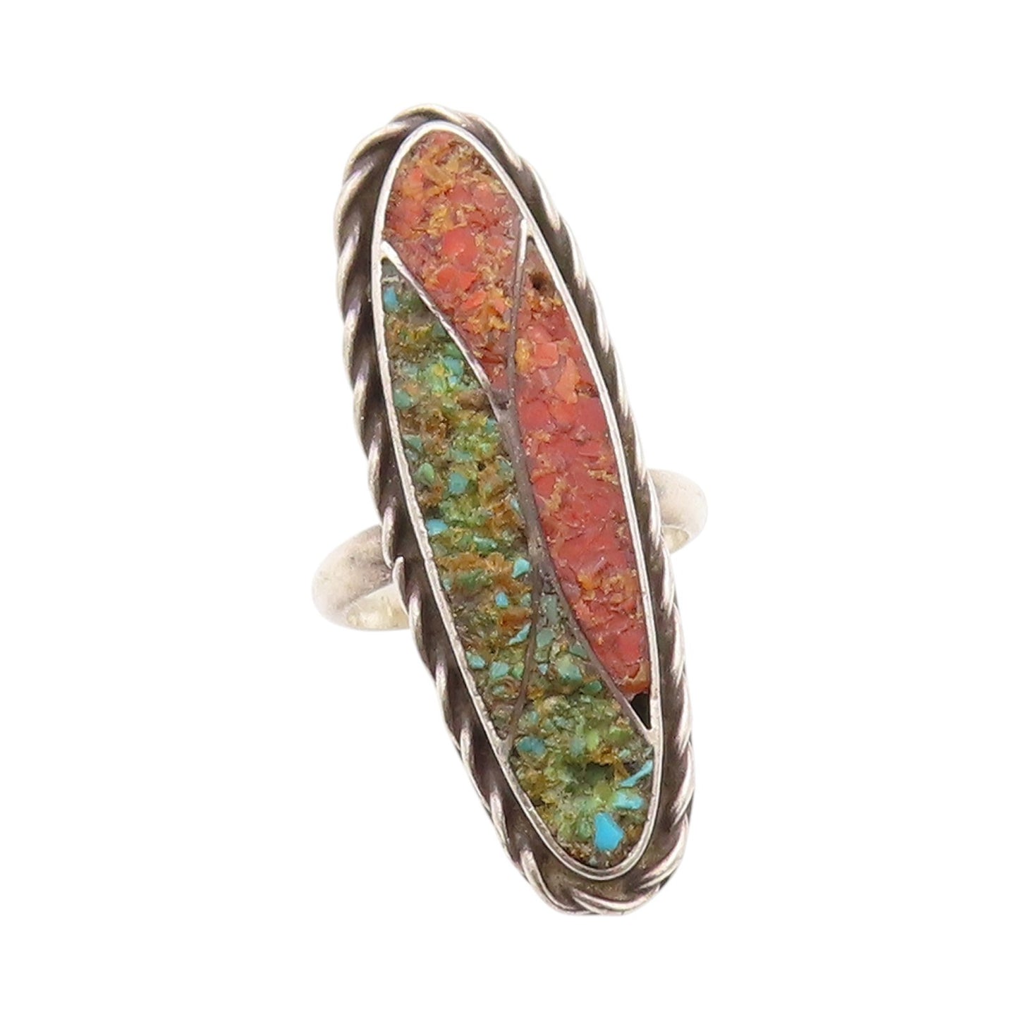 925 Sterling Silver Vintage Ring Crushed Gemstone Inlay Band  Sz 5.5  RG33573