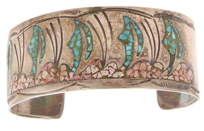 925 Sterling Silver Vintage Bracelet NAVAJO ZUNI Crushed Turquoise Cuff  BT11087