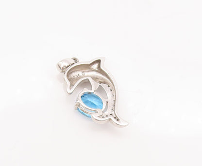 925 Sterling Silver Vintage Pendant 2 Tone CZ Dolphin Playing With Ball  PT22633