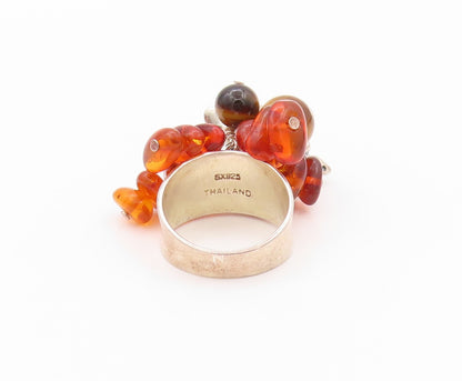 925 Sterling Silver Vintage Ring Amber & Gemstone Floral Design  Sz 5  RG32347