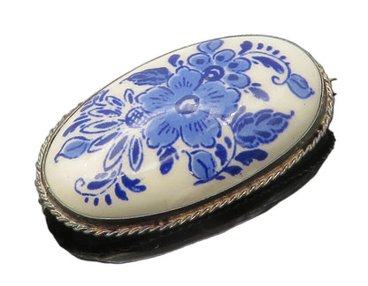 925 Sterling Silver  Vintage Enamel Floral Art Oval Dome Brooch Pin  BP5487