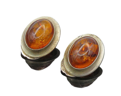 POLAND 925 Silver  Vintage Cabochon Cut Amber Non Pierce Earrings  EG9739
