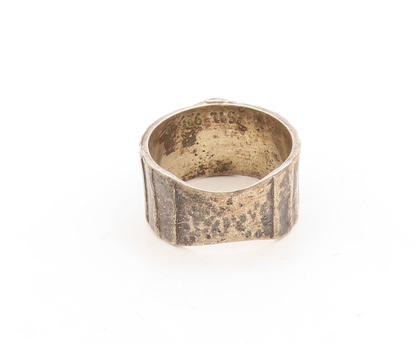 925 Sterling Silver Vintage Ring Dark Tone Brutalist Gemstone  Sz 8  RG31279