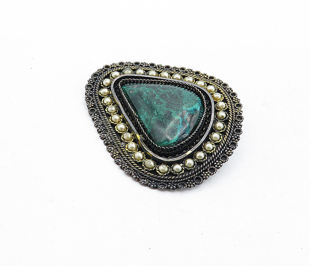 ISRAEL 925 Sterling Silver  Vintage Pearls & Eilat Stone Brooch Pin  BP2050
