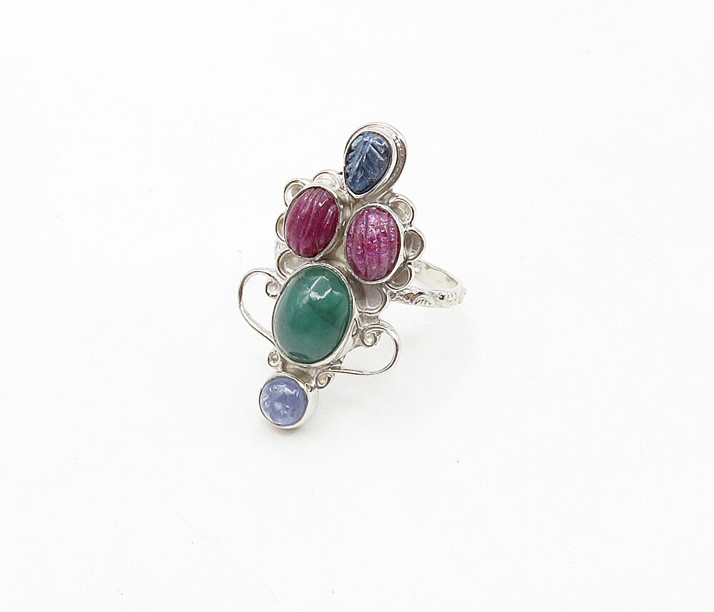 925 Sterling Silver  Carnelian Ruby & Sapphire Cocktail Ring Sz 8  RG8866