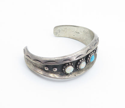NAVAJO 925 Silver Vintage Fire Opal & Turquoise Etched Cuff Bracelet BT3341