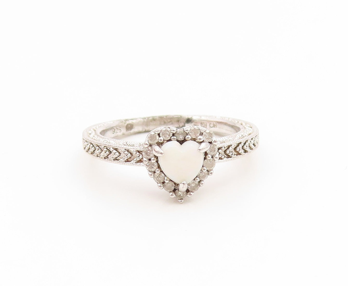 925 Sterling Silver Vintage Ring White Opal & Real Diamonds Heart  Sz 7  RG35067
