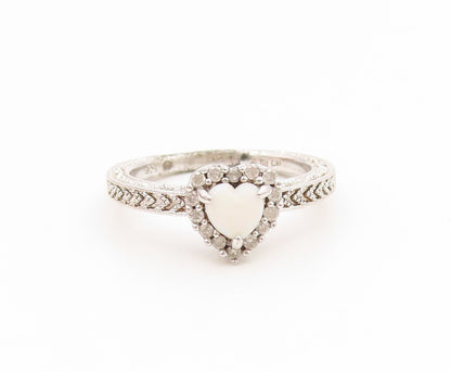 925 Sterling Silver Vintage Ring White Opal & Real Diamonds Heart  Sz 7  RG35067