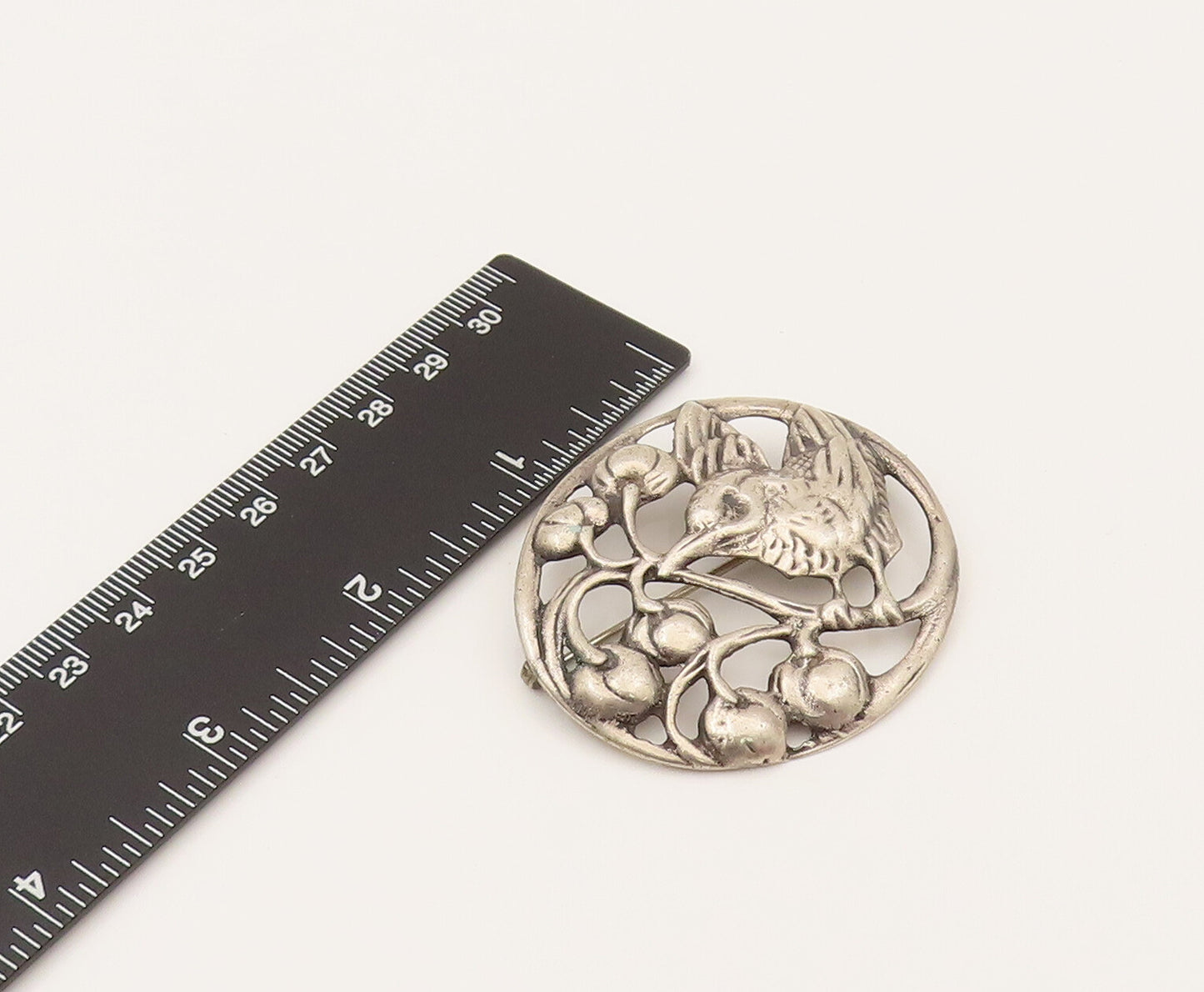 925 Silver  Vintage Antique Garden Bird & Cherries Cutout Brooch Pin  BP10204