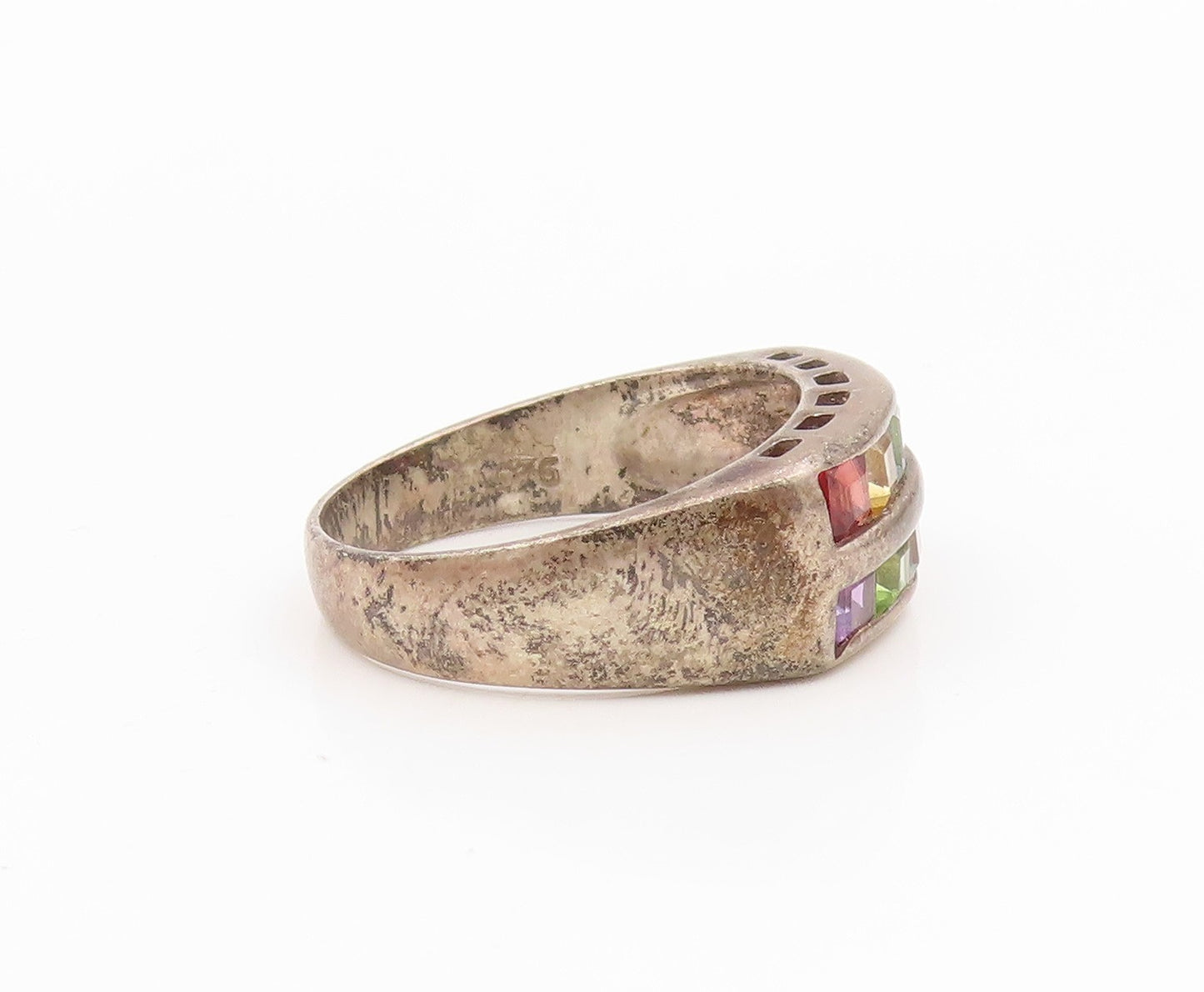 925 Sterling Silver Vintage Ring Multi Gemstone Geometric Band  Sz 8  RG35347