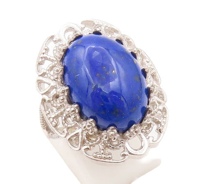 925 Sterling Silver Vintage Ring Oval Lapis Lazuli Floral Carved  Sz 7  RG30177