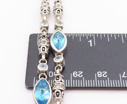 925 Sterling Silver Vintage Bracelet Marquise Blue Topaz Etched Barrels  BT11391