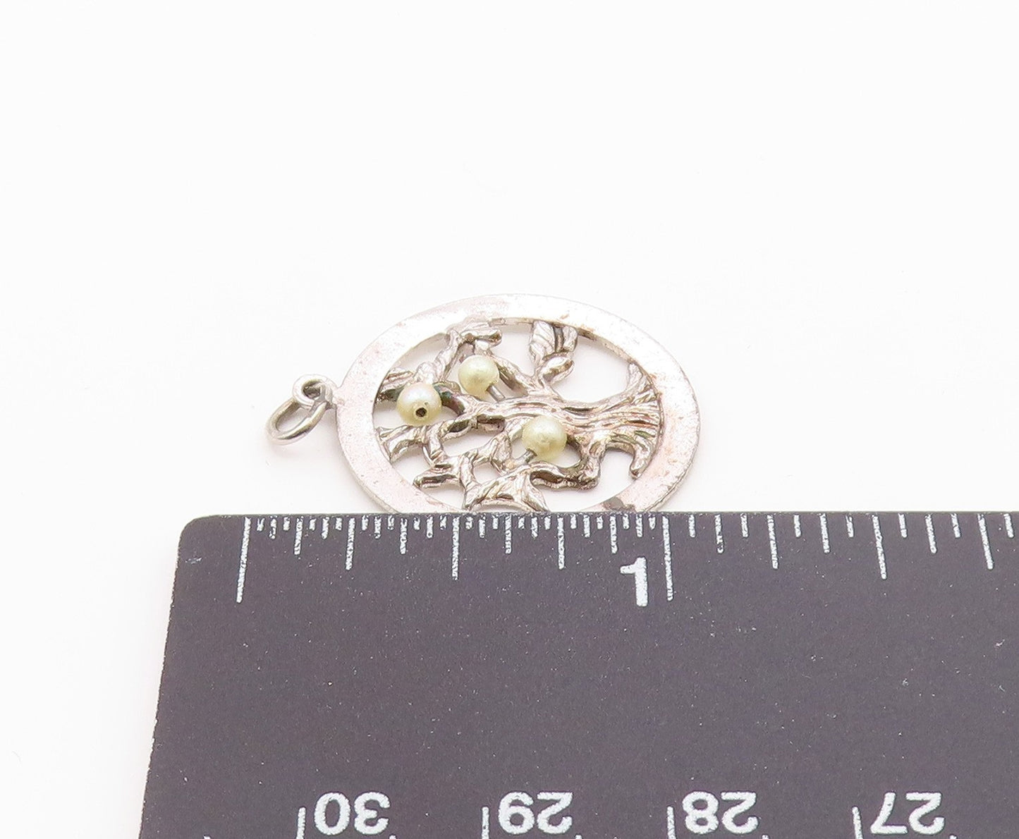 925 Sterling Silver  Vintage Petite Pearls Tree Motif Round Pendant  PT19131