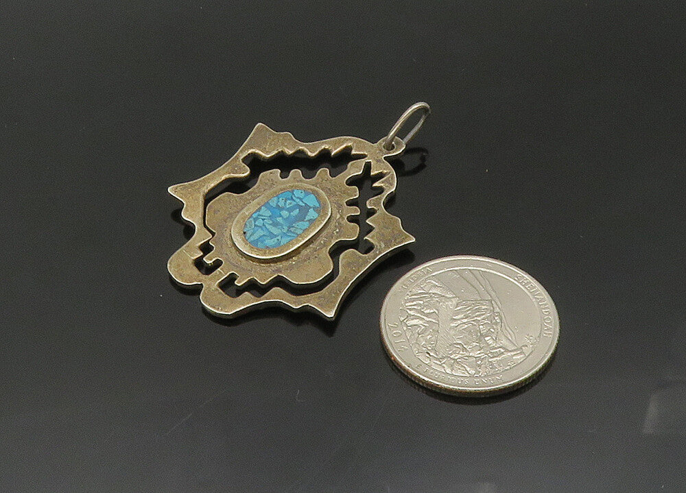 MEXICO 925 Sterling Silver  Vintage Crushed Turquoise Cutout Pendant  PT16484